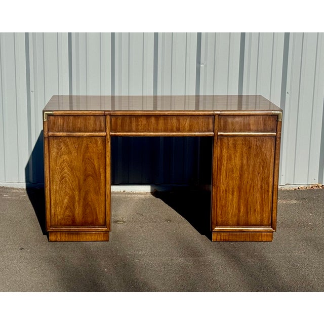 Wood Vintage Drexel Campaign Style Partner Desk For Sale - Image 7 of 8