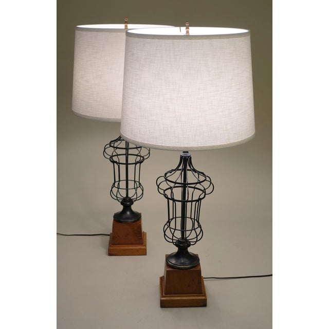 Black 1930s French Empire Neoclassical Wire Urn Cage Brass Wood Table Lamps - a Pair For Sale - Image 8 of 11