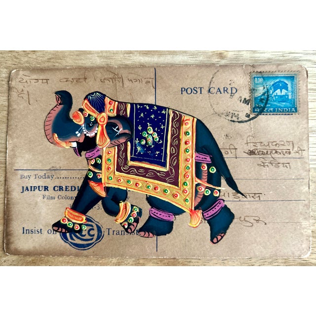 Mid 20th Century Vintage Indian Elephant Hand Painted Rajasthani Paper Postcard, Set of Four For Sale - Image 4 of 11