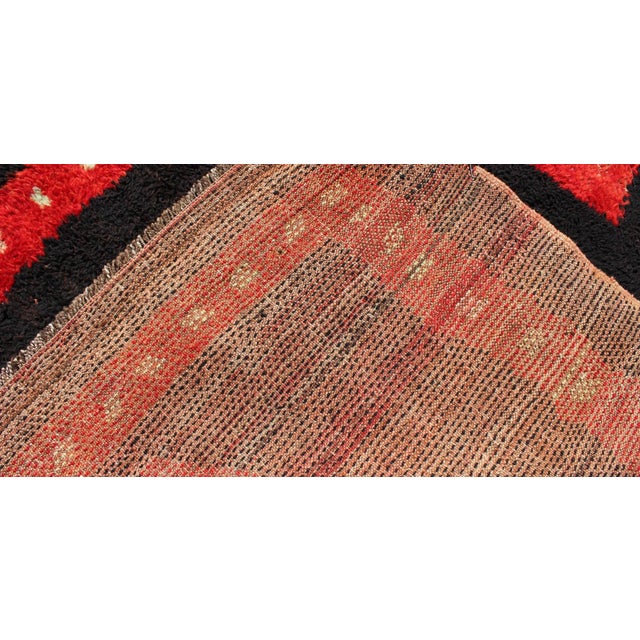 Textile Modern Mid-20th Century Turkish Tulu Rug With Geometric Shapes in Vivid Red, Brown For Sale - Image 7 of 8