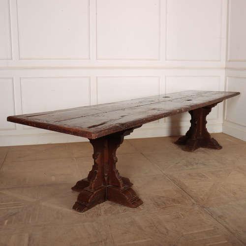 Huge gothic style oak dining table on two pedestal bases. Made in the 1920s from reclaimed period oak in the style of a...
