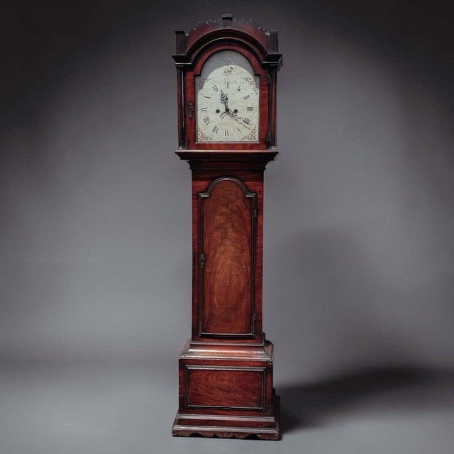 Georgian Mahogany Canterbury Longcase Clock, Painted Face with Maritime Theme 202 cms tall, 53 cms wide, 27 cms depth.