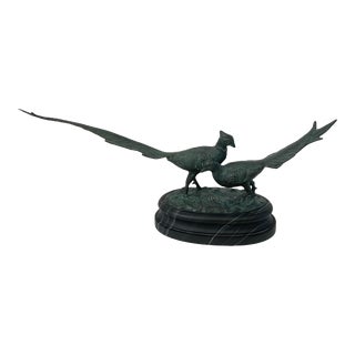 Bronze Sculpture of Two Pheasants on Marbleized Base For Sale