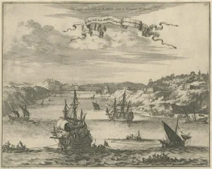 P. van der Aa, Birds Eye View of Dabhol as Seen from the Sea, 1727, Paper