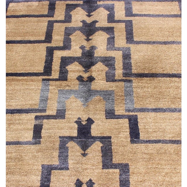 Mid 20th Century Mid 20th Century Square Mid-Century Modern Turkish Tulu With Tribal Pattern in Blue and Tan Rug For Sale - Image 5 of 13