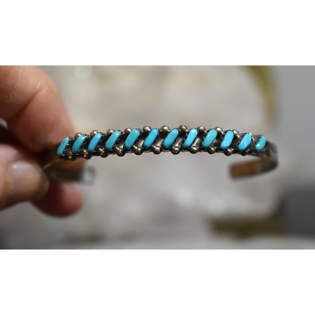 Vintage 1970's Zuni Turquoise Petit Point Sterling Silver Cuff Bracelet Lovely dainty cuff bracelet made by one of the...