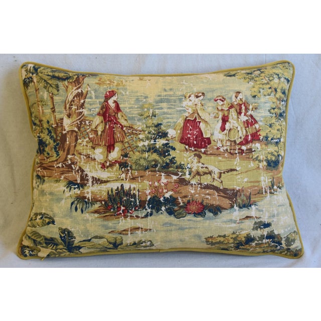 Custom-tailored pillow in printed linen fabric depicting a beautiful, romantic, French country antiqued toile design....