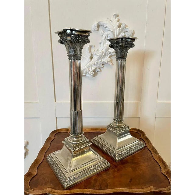 Antique Silver Plated Corinthian Candlesticks, Set of 2 For Sale - Image 3 of 9
