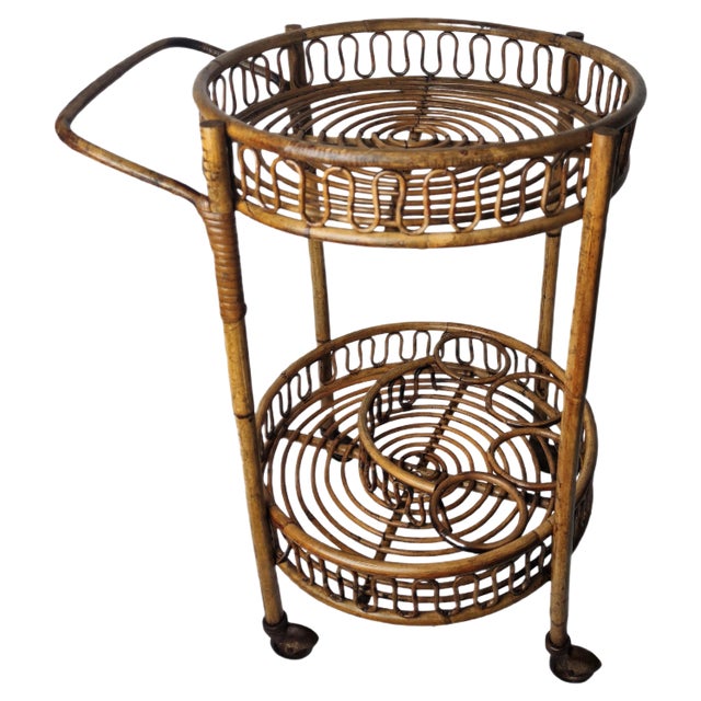 Italian Bohemian Bamboo Rattan Round Serving Bar Cart by Franco Albini, 1960s For Sale