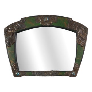 Arts & Crafts Mirror in Green Metal with Glass Decoration, France, 1890s For Sale