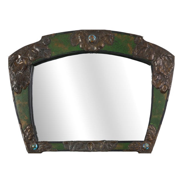 Arts & Crafts Mirror in Green Metal with Glass Decoration, France, 1890s For Sale