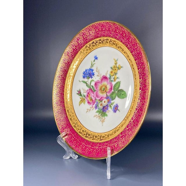 R.S. Limoges Porcelain, Rare Luxury Large Plate. 1900 - 1920's, France. Superb Ruby color border make a relief with...