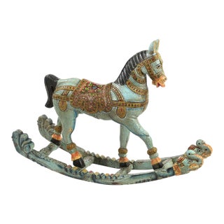 Mid 20th Century Hand Carved Solid Wood Rocking Horse |Distressed Indian Art Sculpture | Vintage Boho Living Room Floor Decor & Nursery Decor Gift For Sale