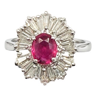 Vintage Mid-Century Ruby and Diamond Ballerina Ring in 18k White Gold, Size 6.5 For Sale