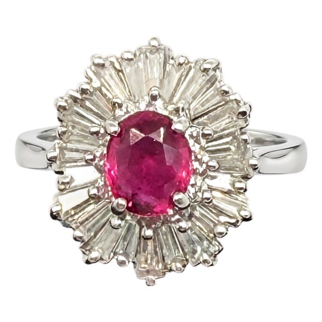 Vintage Mid-Century Ruby and Diamond Ballerina Ring in 18k White Gold, Size 6.5 For Sale