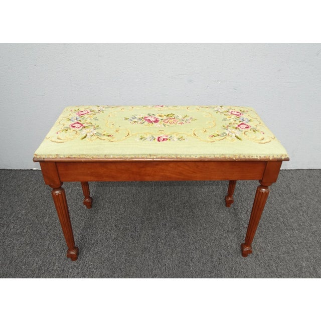 Vintage French Needlepoint Tapestry Bench Stool ~ Green Floral Stitch For Sale - Image 12 of 12