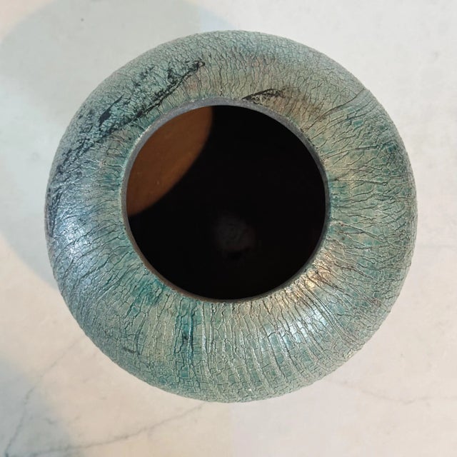 Turquoise Mid-Century Hand Thrown Raku Pottery Vase in Bulbous Form in Shades of Turquoise and Rust For Sale - Image 8 of 9