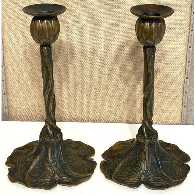 Early 20th Century Art Nouveau Bronze Lily Pad & Water Nymph Candlesticks, Signed CH Barr, 1902 - a Pair For Sale - Image 5 of 12
