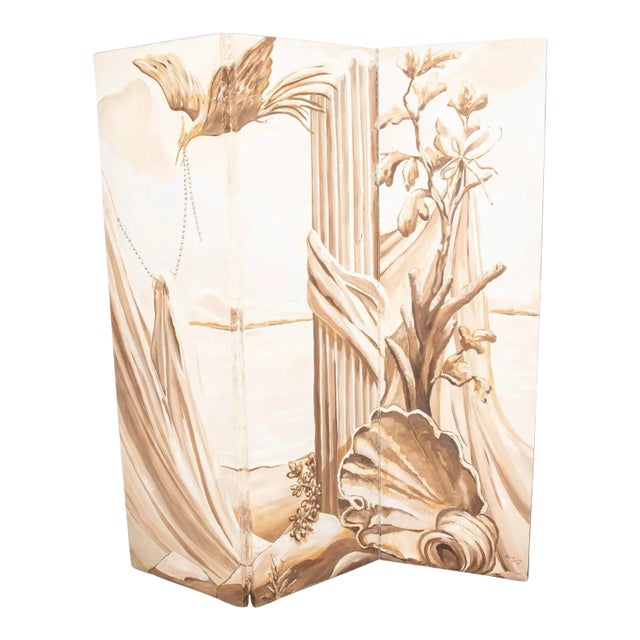 Kipling Collins Neoclassical Decorative Monochrome Three Panel Hand Painted Screen For Sale