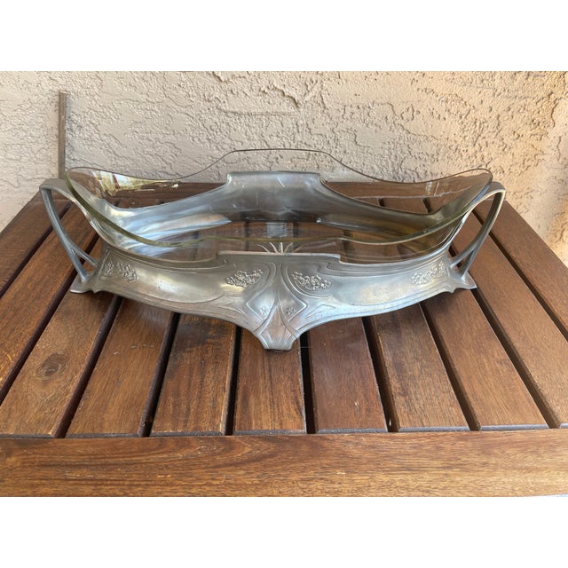 Art Nouveau Art Nouveau Netherlands 1905 Jugenstil Pewter Glass Center Piece Fruit Bowl For Sale - Image 3 of 7