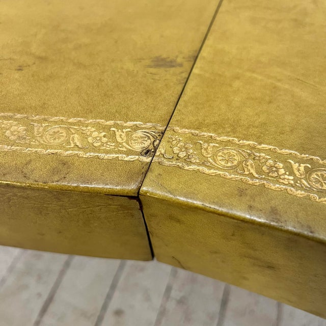 Yellow European Yellow Leather Wrapped Dining Table with Gold Trim For Sale - Image 8 of 13