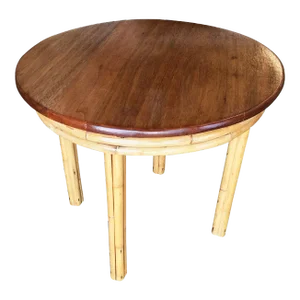 1950s Restored Childs Size Round Rattan Dining Table with Mahogany Top