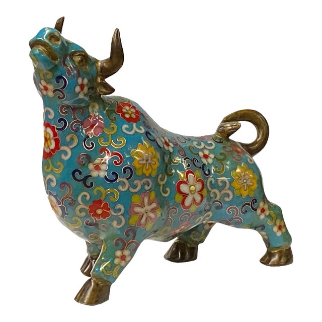 Vintage Metal Turquoise Blue Enamel Cloisonné Ox Figurine For Sale