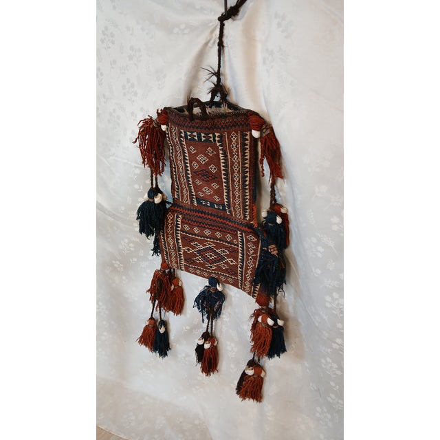 Tribal Antique Baluch Tribal Salt Bag With Cowrie Shell Tassels in Brown & Indigo For Sale - Image 3 of 18