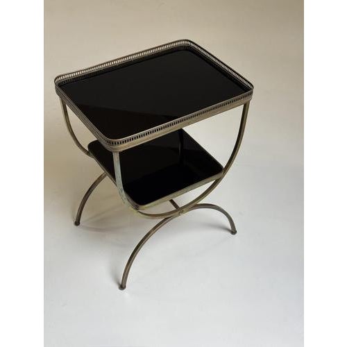 French side table. Mid-20th century. Metal frame with black tinted glass. Dimensions: 47L x 35D x 60H