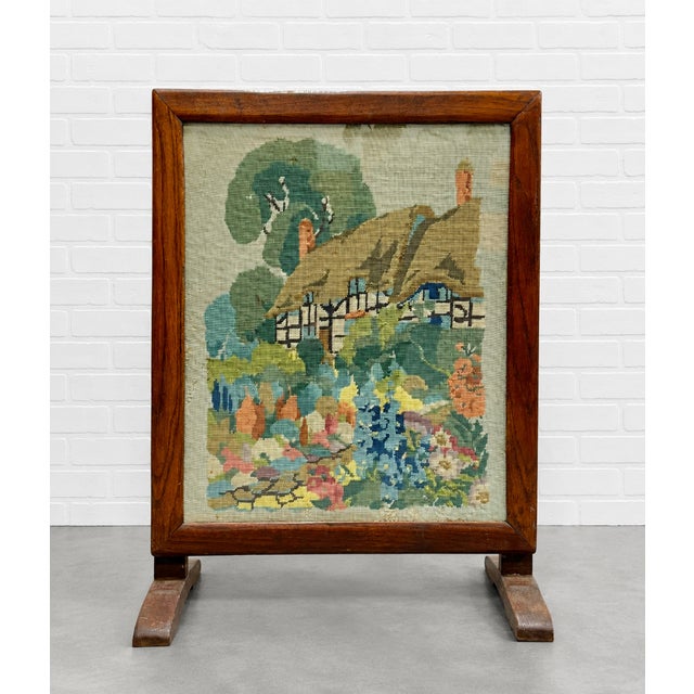 Antique Needlepoint Fires Screen With Cottage Garden Scene, Wood Framed Hearth Screen, C. 1920s–1940s For Sale - Image 4 of 11