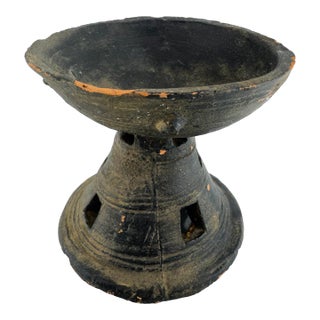 Primitive 19th Century Black Clay Pedestal Bowl With Geometric Cutouts For Sale