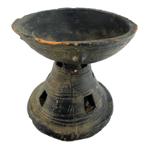 Primitive 19th Century Black Clay Pedestal Bowl With Geometric Cutouts