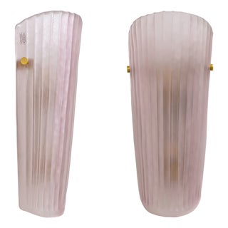 Murano Glass Wall Sconces in Pink Ribbed Glass and Brass, Italy, 2000, Set of 2 For Sale