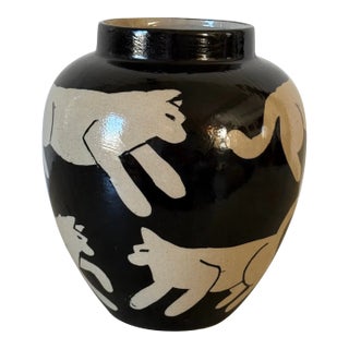 Vintage Hand Thrown Vase in Black and Taupe With Naively Decorated Cats For Sale