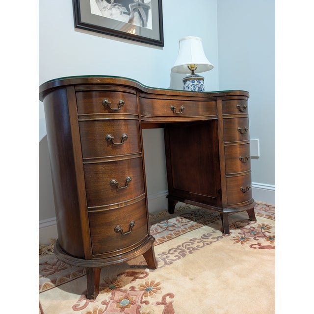 Wood Vintage Kidney Shaped Double Pedestal Mahogany Desk For Sale - Image 7 of 18