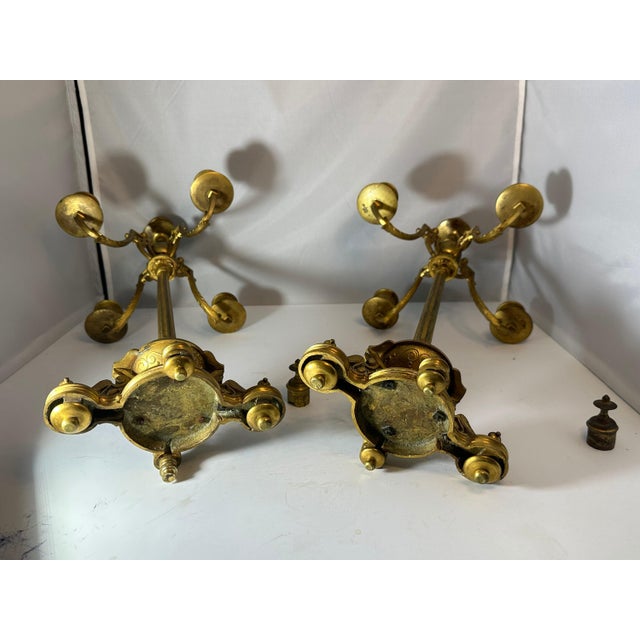Metal Antique Brass Candelabra Pair, Movement Gold Gilt Finish For Sale - Image 7 of 10