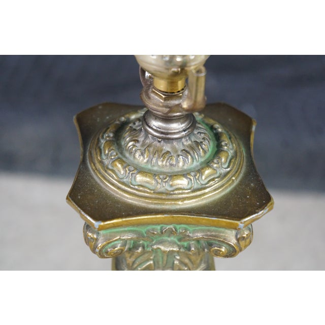 Vintage Gilt Bronze Neoclassical Corinthian Column Table Lamp Verdigris Patina For Sale - Image 9 of 16