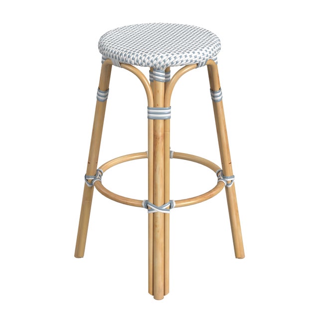 2020s Tobias 30 in. Seat Height Round Rattan Backless Bar Stool, White/Sky Blue Dot / Natural Rattan Frame For Sale - Image 5 of 8