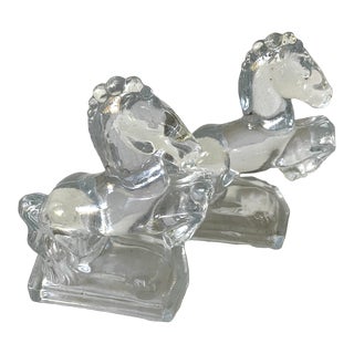 Mid Century Pair of Horses Glass Bookends For Sale