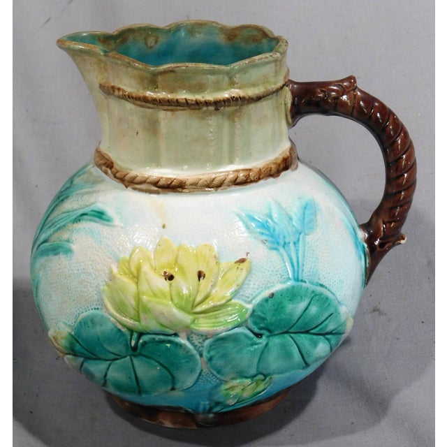 Late 19th Century Antique Majolica Water Pitcher Samuel Lear Pond Lily Rope C 1875 Hand Painted Hanley England English Polychrome Twig Form Raised Decorations For Sale - Image 5 of 9