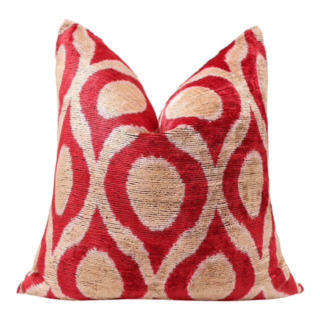 Red Geometric Silk Velvet Pillow 20x20 | Handmade Designer Accent Cushion For Sale