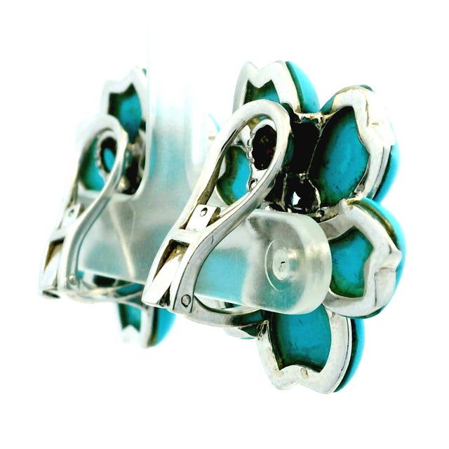 Metal Circa 1980s Italian 18k White Gold Persian Turquoise and Diamond Floral Earrings For Sale - Image 7 of 12