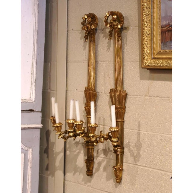 Gold Pair of Vintage French Louis XVI Style Carved Giltwood Three-Light Wall Sconces For Sale - Image 8 of 9