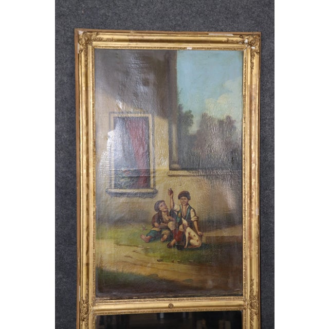 French Fine Gilded Painted Trumeau Mirror With Two Boys a Dog and Their Sandwich For Sale - Image 3 of 11