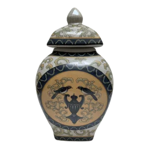Vintage Crackle Glaze Ceramic Pottery Bird Motif Ginger Jar