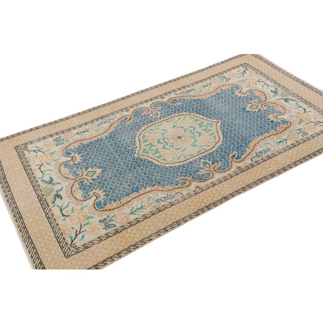 Rug & Kilim Vintage Zeki Müren Rug in Blue With Colorful Floral Medallion, From Rug & Kilim For Sale - Image 4 of 8