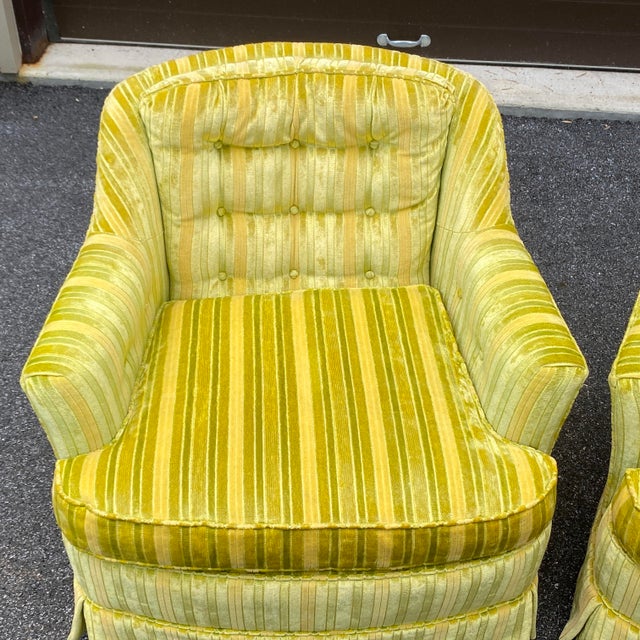 Sherrill Furniture Striped Chartreuse Velvet Lounge Chairs a Pair