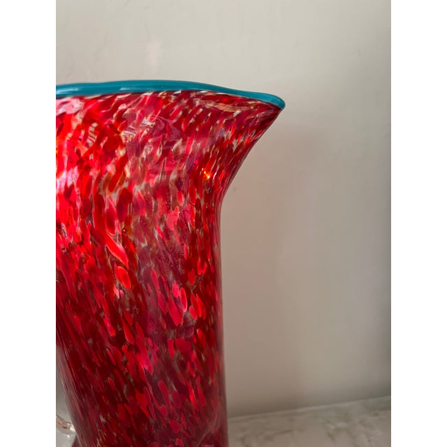 1960s Vintage Hand-Blown Red Spatter Glass Pitcher Turquoise Rim c.1960s-1980s For Sale - Image 5 of 10
