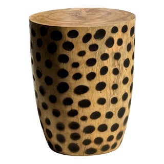 Vintage Side Table in Cylindrical Mango Wood and Leopard Print, 1980s For Sale