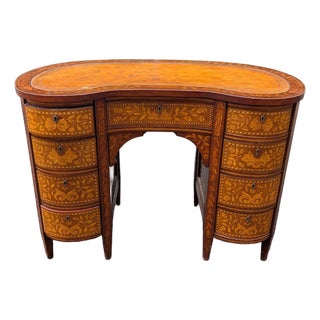Antique Continental Marquetry Inlaid Kidney-Form Desk With Satinwood Floral Inlay For Sale